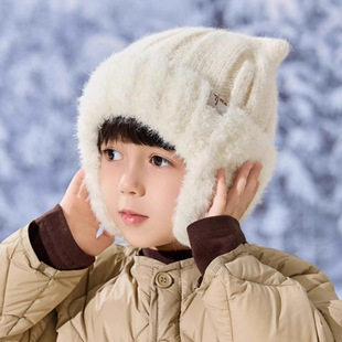 儿童毛线帽子男童2025新款双角护耳帽加厚绒保暖秋冬季宝宝针织帽