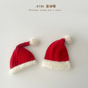 冬季宝宝毛线帽红色儿童圣诞帽男童针织帽洋气女宝保暖帽婴儿帽子