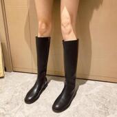 网红高筒女靴子2025年冬季 新款 百搭圆头低跟侧拉链加绒长靴骑士靴