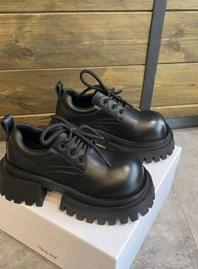 大头厚底小皮鞋女2025新款秋冬加绒真皮小个子增高乐福鞋系带单鞋