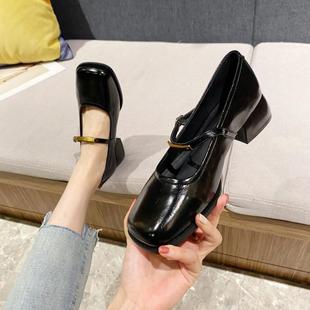 高级感方头浅口中跟一字扣带单鞋 粗跟玛丽珍鞋 法式 女2025新款 秋季
