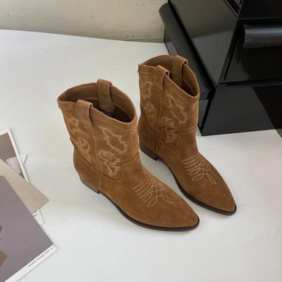 真皮刺绣西部牛仔靴女