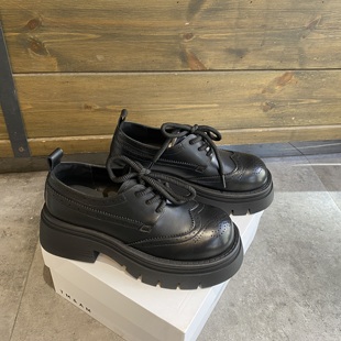 单鞋 真皮小皮鞋 英伦风厚底增高布洛克系带乐福鞋 新款 女2025年春季