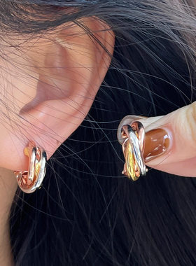 三合一三色三环光面耳环渡真金18k玫瑰金分色银针耳拍简约男女