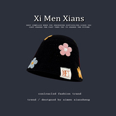 日系花朵毛线帽子女秋冬季 水桶盆帽 保暖百搭显脸小针织渔夫帽韩版