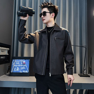 JK243-P128 控168 秋冬新款小伙店主风拼牛仔皮衣夹克男外套 黑1图片