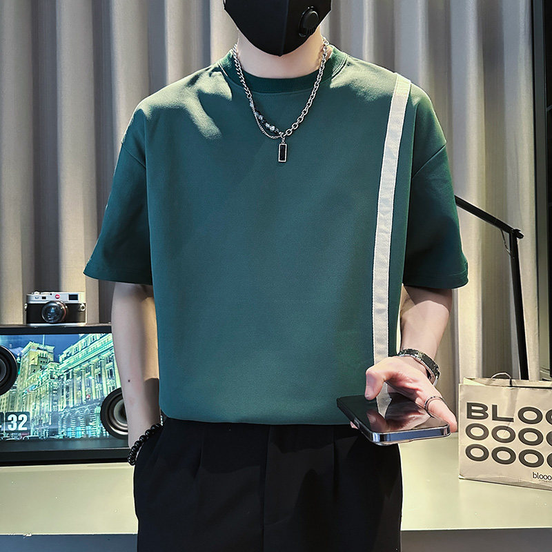 TX349-P48 控68 春夏店主风社会小伙男潮圆领短袖T恤tee男 绿2图片