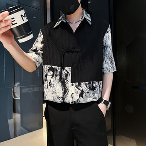 CS259-P58控78新中式中袖衬衫社会小伙潮流男风衬衣黑4