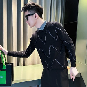 MY194-P78 控108 社会小伙店主风假两件毛衣打底男针织衫线衣 黑1图片