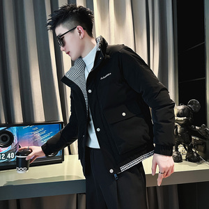 CF77-P138控178社会小伙ins棉衣外套修身格子拼接棉服男黑4