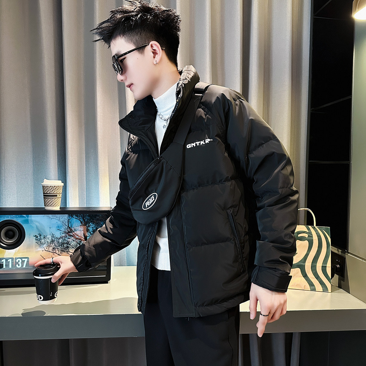 CF76-P148控198社会小伙ins衣外套修身送包包服男黑3,男装棉衣,电商A343
