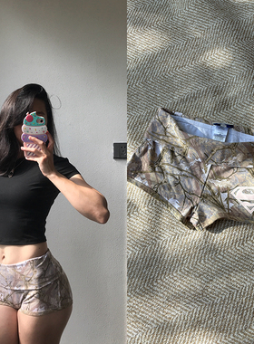 Morningoolala 女超人 丛林迷彩低腰紧身运动健身二分短裤