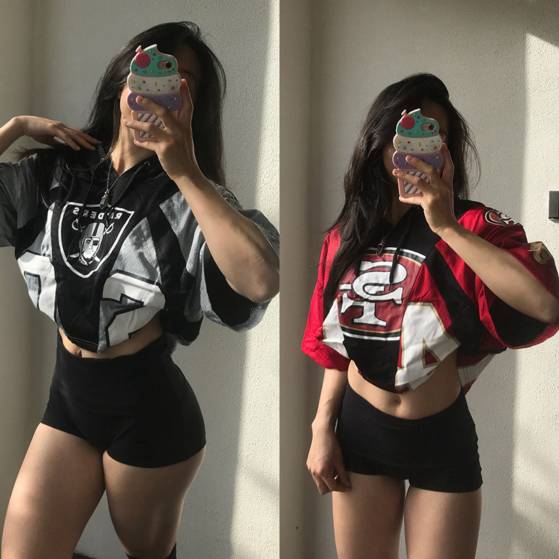 Morningoolala 欧美连帽网眼宽松速干球队露脐短袖上衣 女