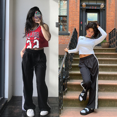 Morningoolala 加拿大A 复古宽松运动休闲直筒拖地黑色长裤 薄 女