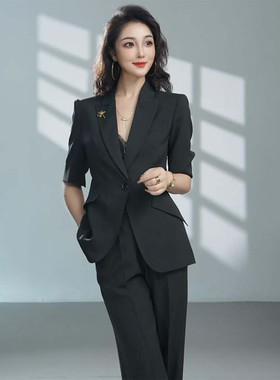 黑色夏季西装套装女2026新款高级感小个子薄款短袖阔腿裤休闲西服