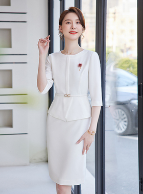 白色高级感夏季女西装连衣裙修身显瘦酒店前台职业裙子时尚工作服