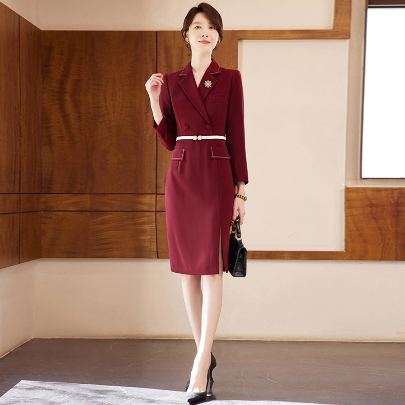 酒红西装连衣裙气质女收腰显瘦