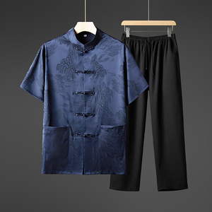 夏季唐装短袖套装男新式风爸爸装两件套装P50单件批35，男装休闲套装，星座1010A-1