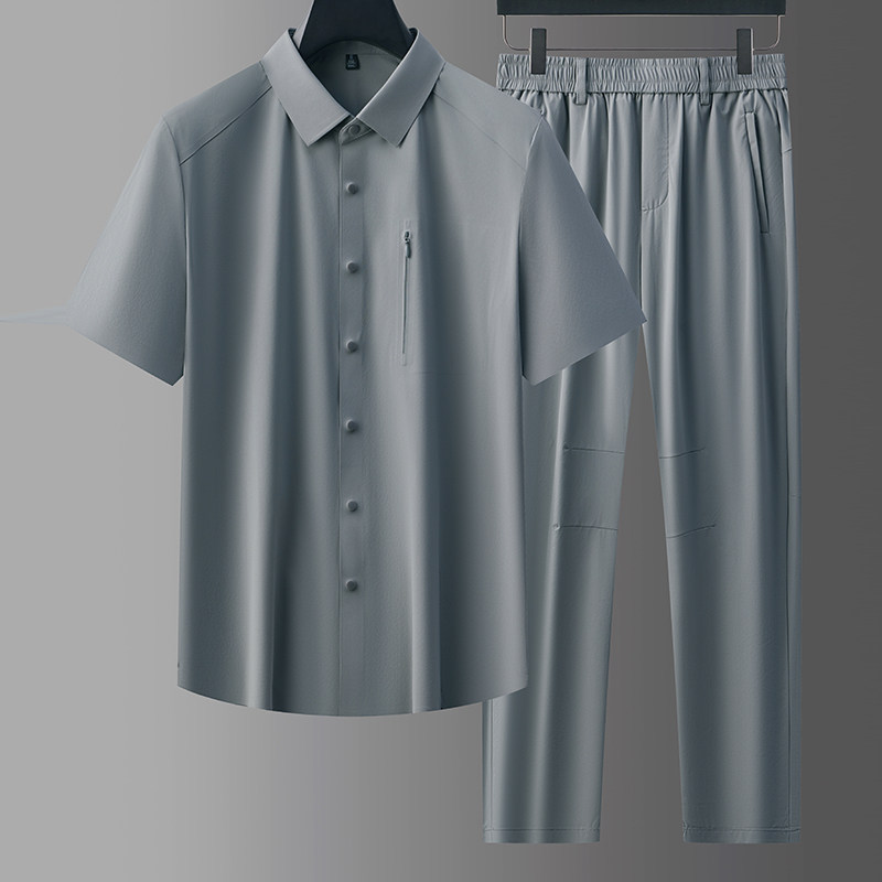 高弹冰丝衬衫长裤两件套男无痕压胶凉感休闲运动套装爸爸5958P115，男装休闲套装，星座1010A-1