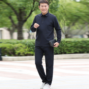 中老年休闲灯芯绒长袖POLO衫长裤子春秋长袖翻领T恤套装男5607P98图片