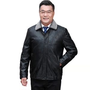 中老年人商务PU羽绒服男爸爸可脱卸内胆皮夹克羽绒真毛领2217P225图片