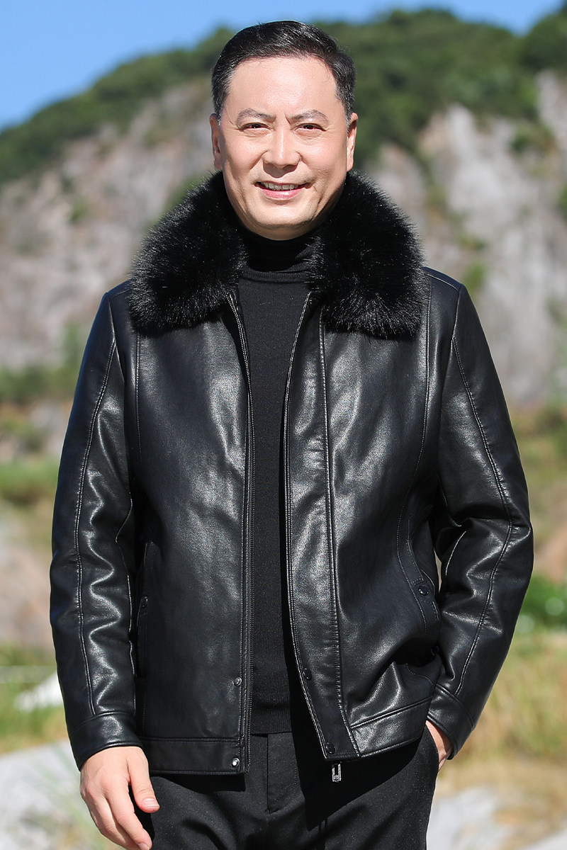 中老年人皮棉衣男加绒加厚爸爸冬装外套皮棉袄毛领棉服M2090P110,男装皮衣,星座1010A-1