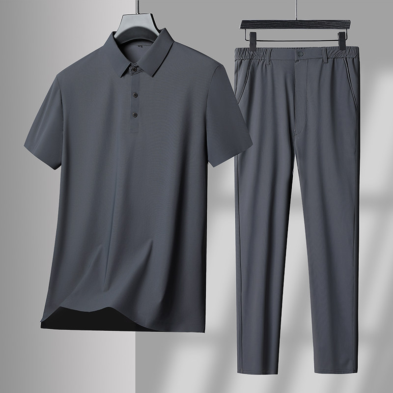 夏季POLO衫运动套装弹力冰丝翻领短袖两件套休闲套装男5605P85图片