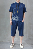风套装男夏季短袖t恤薄款唐装6分裤采耳足浴工作服HP45，男装休闲套装，星座1010A-1