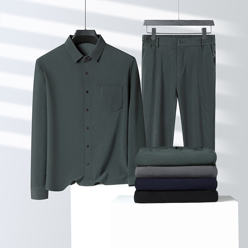 中老年春季长袖衬衫套装男灯芯绒春秋衬衫长裤子两件套5608P98，男装休闲套装，星座1010A-1