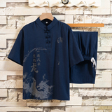 套装男夏季短袖t恤薄款风唐装6分裤印花衣服工作服HP45，男装民族服装，星座1010A-1