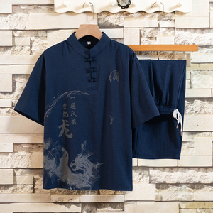 套装男夏季短袖t恤薄款风唐装6分裤印花衣服工作服HP45图片