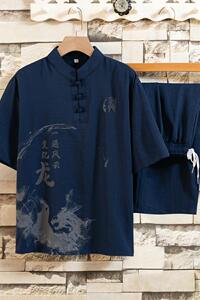 套装男夏季短袖t恤薄款风唐装6分裤印花衣服工作服HP45图片