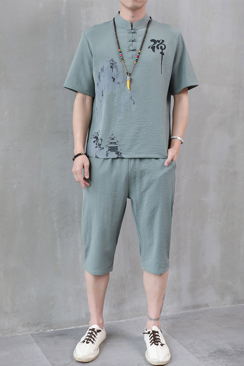 风男夏季男士套装汉服唐装6分裤足浴采耳按摩工作服H1689P45,男装休闲套装,星座1010A-1