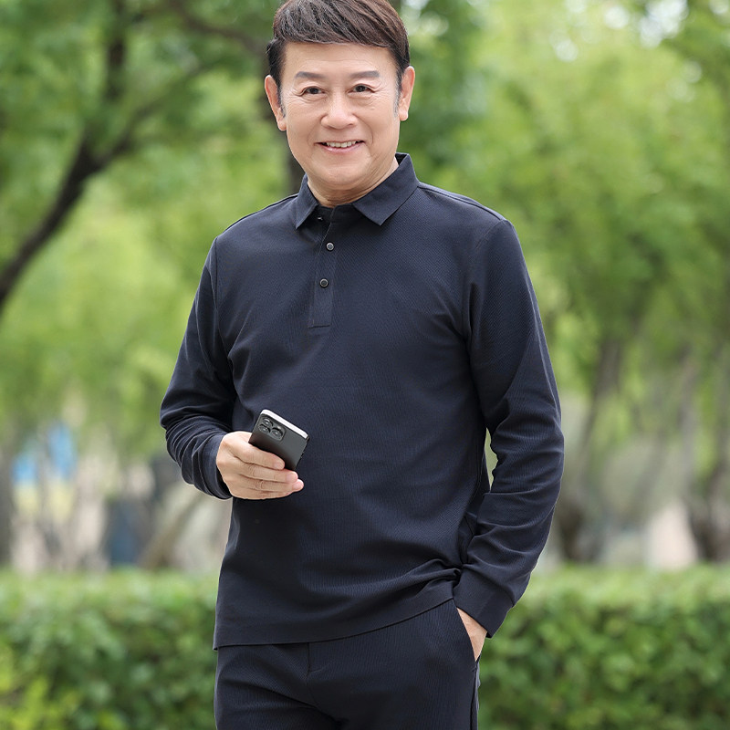 中老年休闲灯芯绒长袖POLO衫长裤子春秋长袖翻领T恤套装男5607P98图片