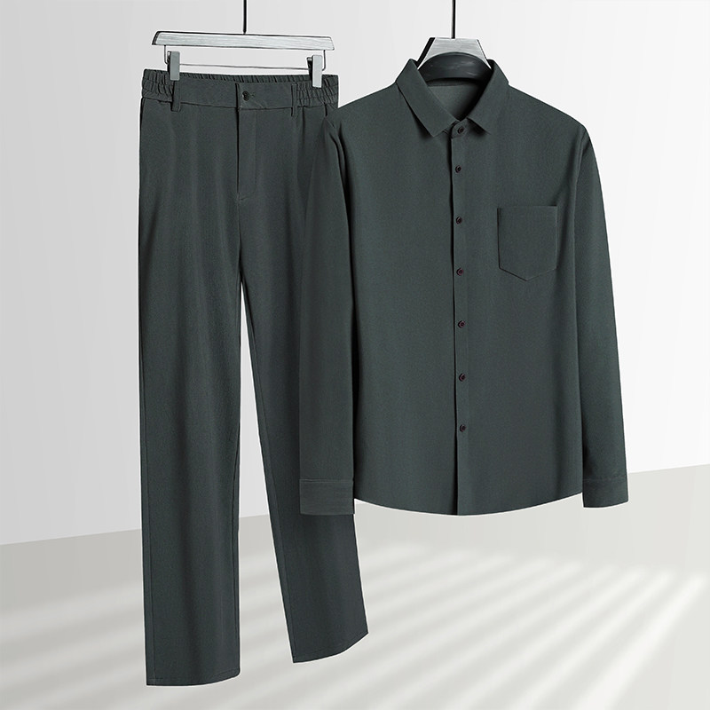 中老年春秋季长袖衬衫套装长裤男士商务休闲爸爸装灯芯绒5608P98，男装休闲套装，星座1010A-1