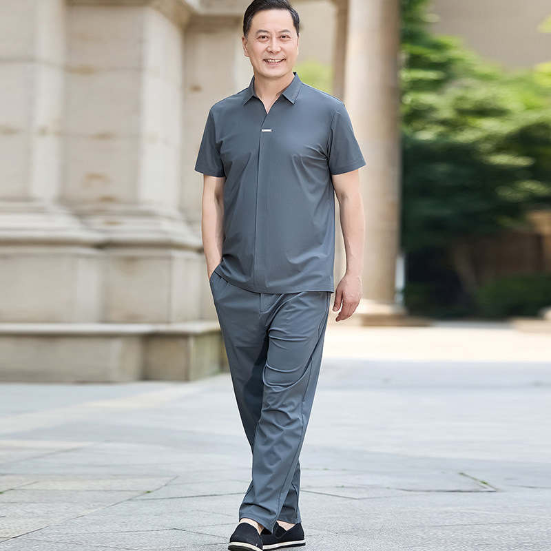 夏季冰丝短袖两件套装男中老年高弹力翻领T恤长裤男爸爸装5808P85，男装中老年男装，星座1010A-1