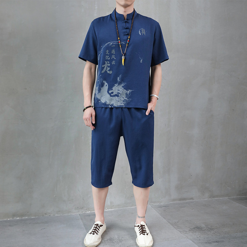 风套装男夏季短袖t恤薄款唐装6分裤采耳足浴工作服HP45，男装休闲套装，星座1010A-1