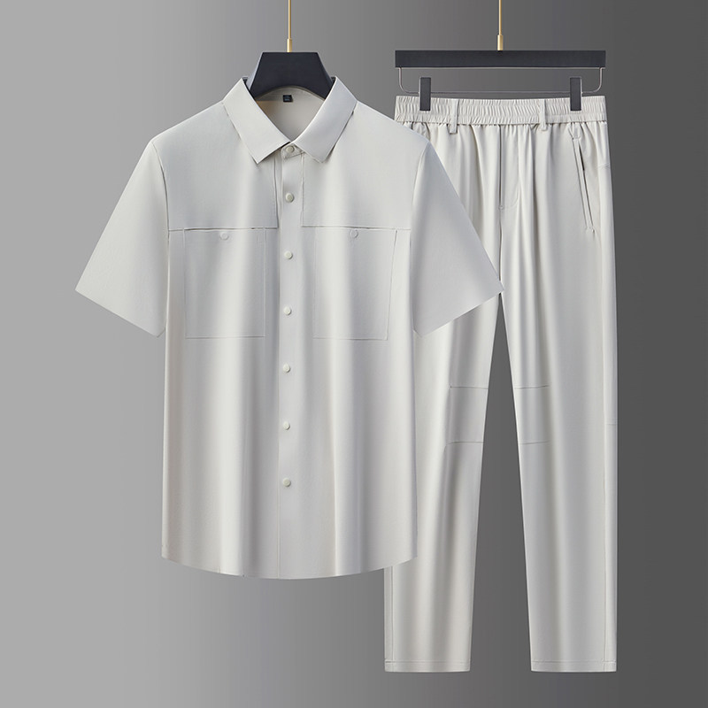 轻奢中青年男士无痕压商务衬衫上衣长裤两件套男爸爸装5957P130，男装休闲套装，星座1010A-1