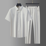 高弹锦氨中青年男士无痕压胶衬衫上衣长裤两件套男爸爸装5957P130，男装休闲套装，星座1010A-1