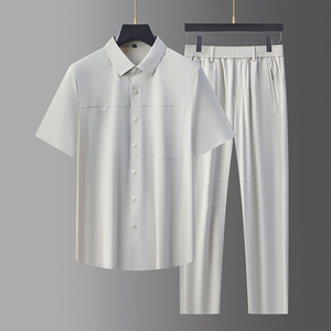 轻奢中青年男士无痕压商务衬衫上衣长裤两件套男爸爸装5957P130，男装休闲套装，星座1010A-1