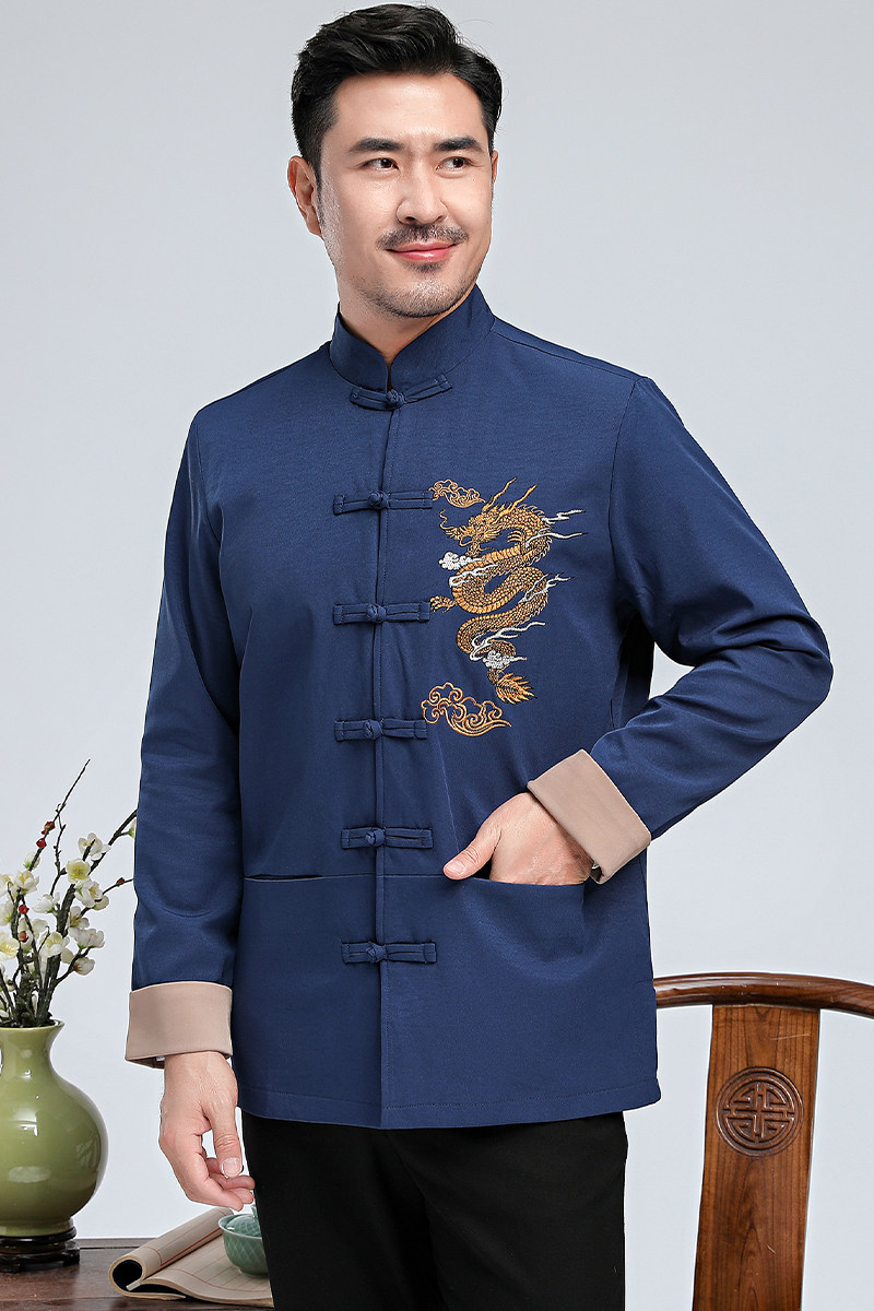 风唐装夹克男中青年龙刺绣盘扣春秋休闲汉服外套3301P75,男装民族服装,星座1010A-1