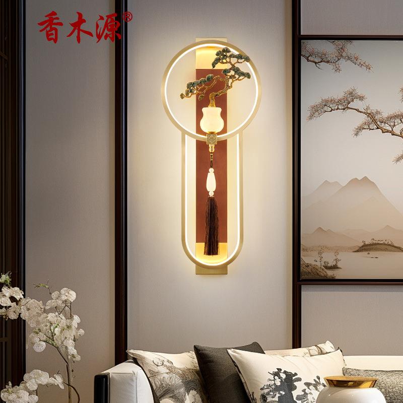 新中式实木全铜禅意珐琅彩装饰墙壁灯中国风木艺客厅背景灯具2132