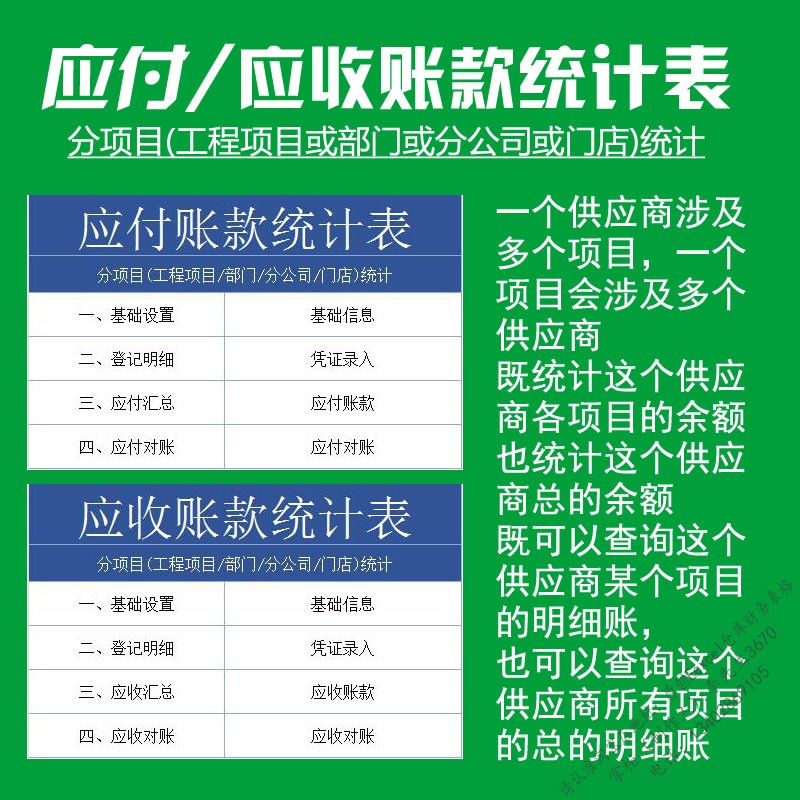 项目应付应收管理系统excel表格门店部门分公司往来账款统计对账