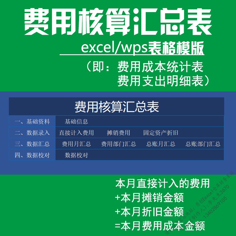 费用核算汇总表excel表格模板成本科目支出统计待摊明细折旧台账