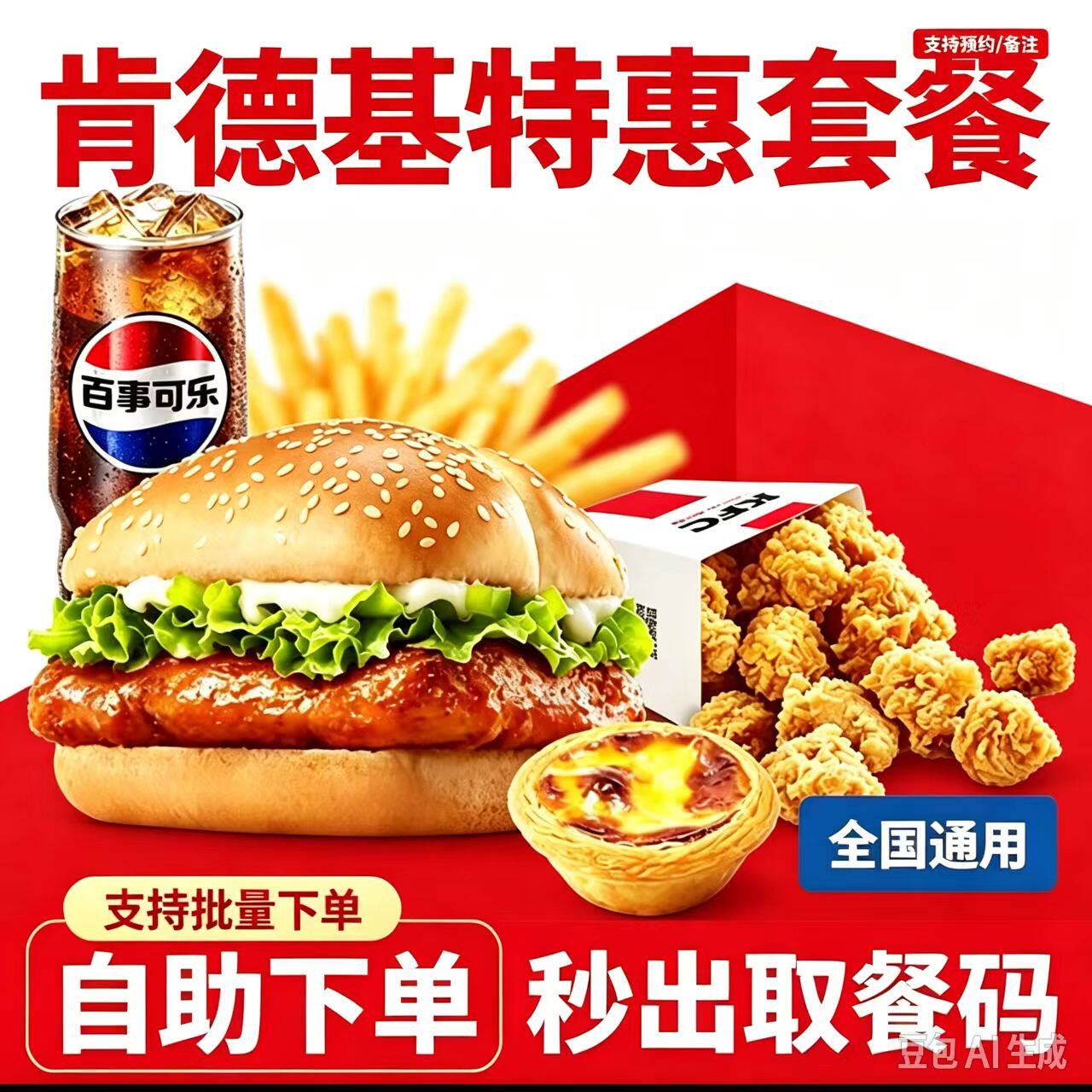 KFC肯德基汉堡薯条蛋挞可乐大神卡堡卷四件套单人餐优惠券代下单