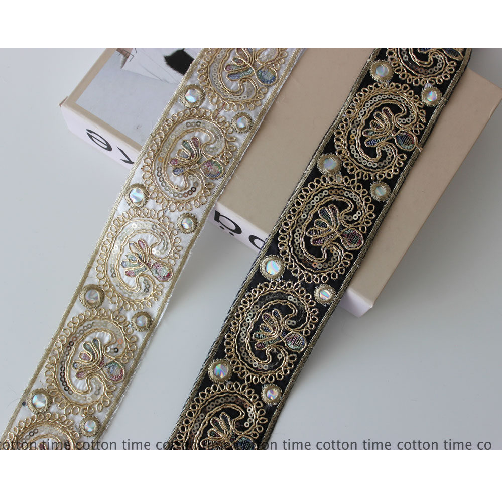 NEW Paisley 黑白金线绣花布条亮片绣高档服装辅料 cotton time