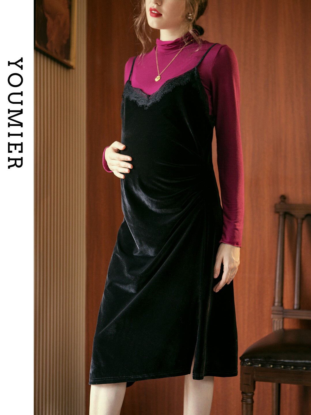 [SPECIAL AREA 2 PIECES 5% OFF] UMIL MATERNITY CLOTHES AUTUMN NEW PREGNANT WOMEN VELVET SUNDRESS LACE