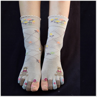 外贸日本夏季网眼松口五指袜女纯棉薄中筒孕妇荷叶边透气脚趾短袜