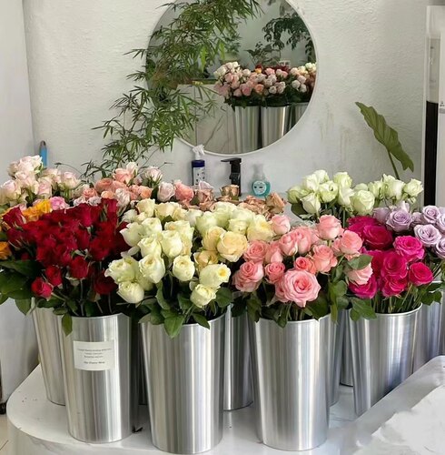 韩式花桶铝桶铝制养花桶商场酒店花艺展示摆件醒花桶北欧银色花器