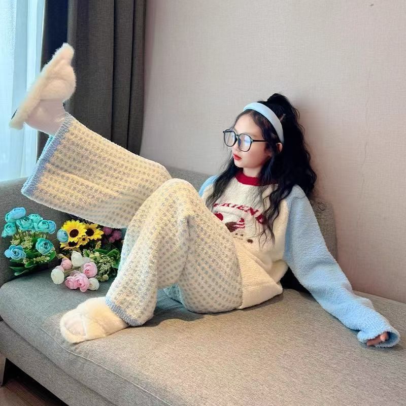 儿童睡衣男女童秋冬2025新款半边绒家居服加厚保暖亲子套装不起球